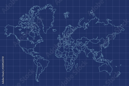 World Map Blue Outline Grid Style Vector Illustration