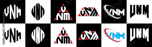 VNM letter logo design in six style. VNM polygon, circle, triangle, hexagon, flat and simple style with black and white color variation letter logo set in one artboard. VNM minimalist and classic logo