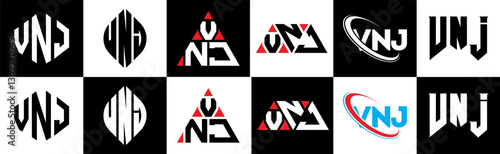 VNJ letter logo design in six style. VNJ polygon, circle, triangle, hexagon, flat and simple style with black and white color variation letter logo set in one artboard. VNJ minimalist and classic logo