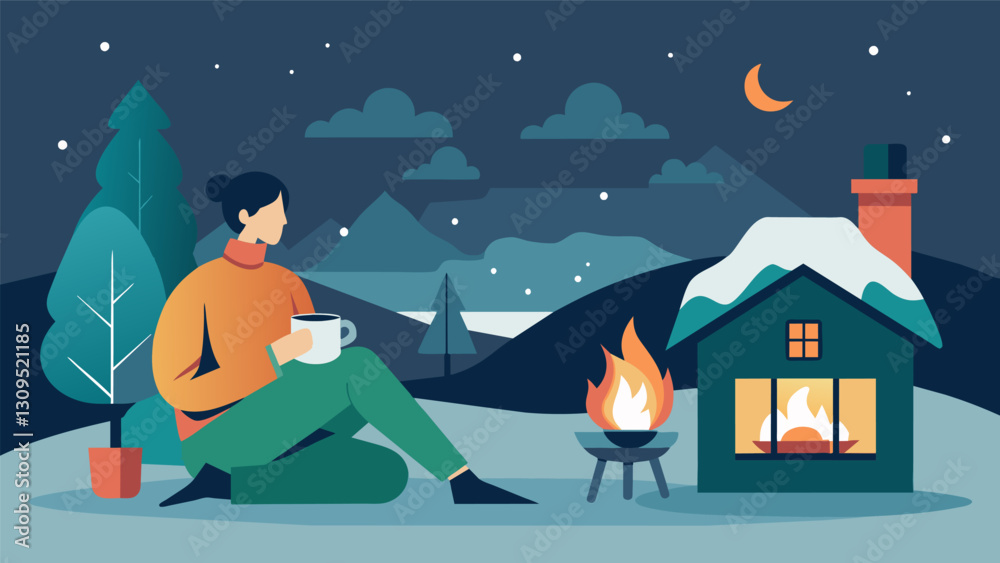 Fototapeta premium In a cozy cabin a person sits by the fireplace with a steaming cup of tea and a journal. The sound of the crackling fire and the snow falling outside. Vector illustration