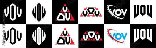 VOV letter logo design in six style. VOV polygon, circle, triangle, hexagon, flat and simple style with black and white color variation letter logo set in one artboard. VOV minimalist and classic logo