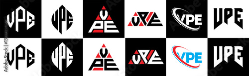 VPE letter logo design in six style. VPE polygon, circle, triangle, hexagon, flat and simple style with black and white color variation letter logo set in one artboard. VPE minimalist and classic logo