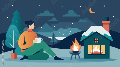 In a cozy cabin a person sits by the fireplace with a steaming cup of tea and a journal. The sound of the crackling fire and the snow falling outside. Vector illustration