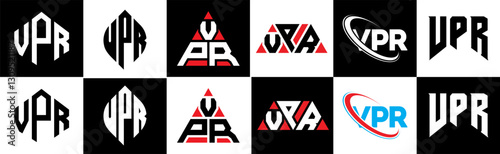 VPR letter logo design in six style. VPR polygon, circle, triangle, hexagon, flat and simple style with black and white color variation letter logo set in one artboard. VPR minimalist and classic logo