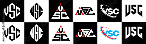 VSC letter logo design in six style. VSC polygon, circle, triangle, hexagon, flat and simple style with black and white color variation letter logo set in one artboard. VSC minimalist and classic logo