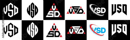 VSD letter logo design in six style. VSD polygon, circle, triangle, hexagon, flat and simple style with black and white color variation letter logo set in one artboard. VSD minimalist and classic logo