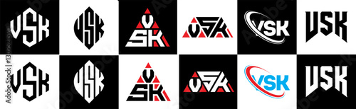 VSK letter logo design in six style. VSK polygon, circle, triangle, hexagon, flat and simple style with black and white color variation letter logo set in one artboard. VSK minimalist and classic logo