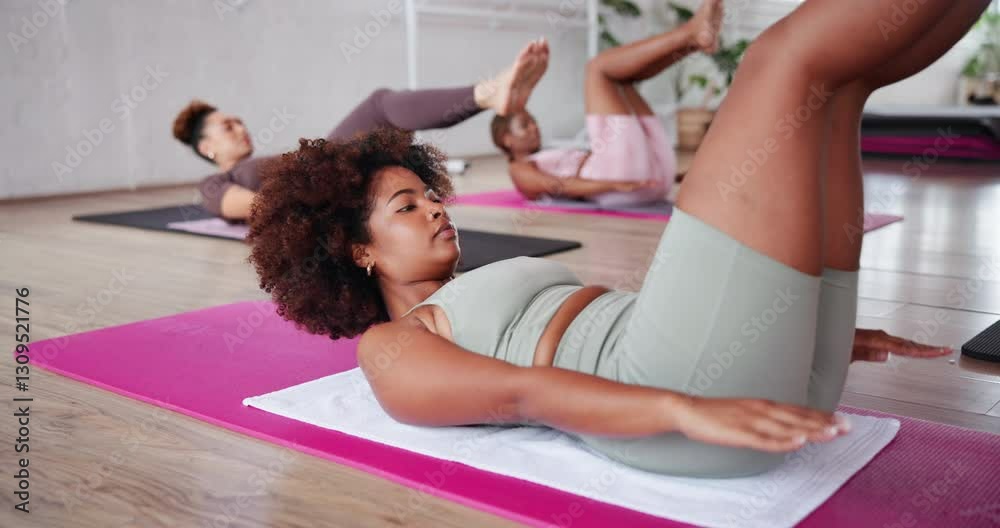 Fitness, balance and women in class, pilates and dead bug exercise for core muscles, floor and improve posture. Serious, active and performance for wellness, legs or workout routine for people in gym