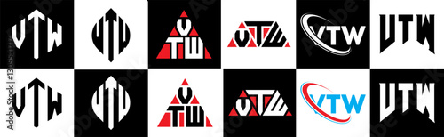 VTW letter logo design in six style. VTW polygon, circle, triangle, hexagon, flat and simple style with black and white color variation letter logo set in one artboard. VTW minimalist and classic logo