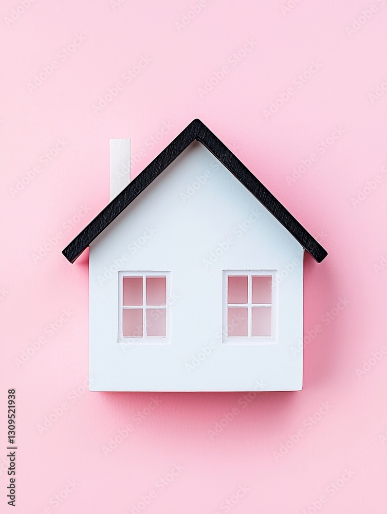 A minimalistic white house model with a black roof against a pink background, symbolizing home and comfort. A minimalistic white house model with a black roof against a pink background, symbolizing home and comfort.