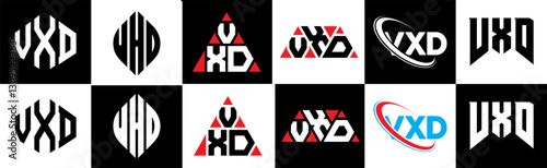 VXD letter logo design in six style. VXD polygon, circle, triangle, hexagon, flat and simple style with black and white color variation letter logo set in one artboard. VXD minimalist and classic logo