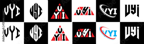 VYI letter logo design in six style. VYI polygon, circle, triangle, hexagon, flat and simple style with black and white color variation letter logo set in one artboard. VYI minimalist and classic logo