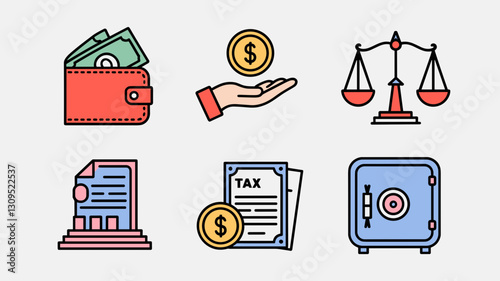 Finance Vector Icons Set for Money Management, Taxes, Accounting, Wallets, and Legal Balances in Modern Flat Design Style