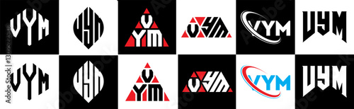 VYM letter logo design in six style. VYM polygon, circle, triangle, hexagon, flat and simple style with black and white color variation letter logo set in one artboard. VYM minimalist and classic logo
