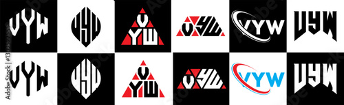 VYW letter logo design in six style. VYW polygon, circle, triangle, hexagon, flat and simple style with black and white color variation letter logo set in one artboard. VYW minimalist and classic logo