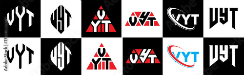 VYT letter logo design in six style. VYT polygon, circle, triangle, hexagon, flat and simple style with black and white color variation letter logo set in one artboard. VYT minimalist and classic logo