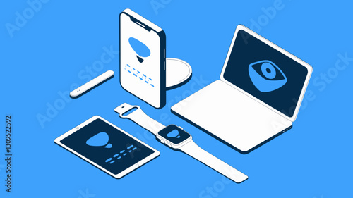 Vector Icon Set for Modern Devices: Smartphone, Tablet, Laptop, Smartwatch with Eye Symbol – Technology, Security, Monitoring, Digital Privacy Icons
