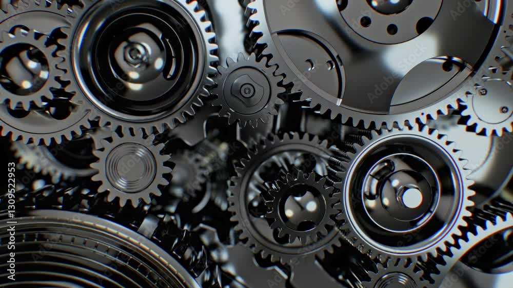 Macro shot of gears moving in unison, showcasing a precise mechanical system. The gears represent teamwork, synchronization, and the efficiency of a structured process.