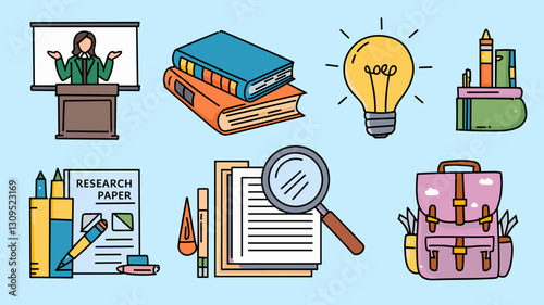 Education Vector Icon Set Featuring Books, Light Bulb, Research Paper, Backpack, and Classroom Symbols for Learning and Study Resources