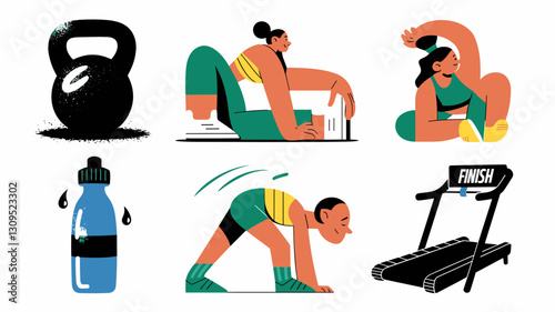Vector Icon Set for Fitness, Gym Equipment, Exercise, Sports Activities, Water Bottle, Kettlebell, Treadmill, and Workout Illustrations