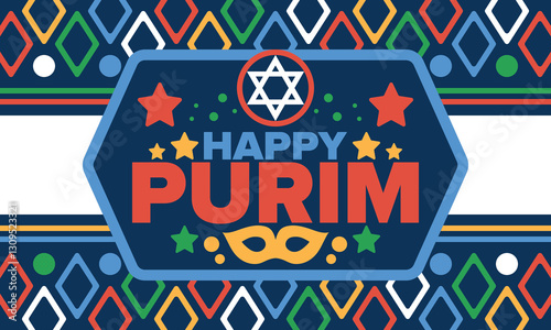 Purim. Happy Purim. Traditional Jewish religious holiday. Star of David, Carnival mask. Israel history. Сelebrated by a masquerade and festival. Poster art. Vector illustration
