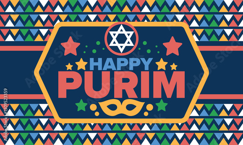 Purim. Happy Purim. Traditional Jewish religious holiday. Star of David, Carnival mask. Israel history. Сelebrated by a masquerade and festival. Poster art. Vector illustration