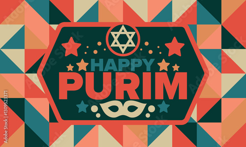 Purim. Happy Purim. Traditional Jewish religious holiday. Star of David, Carnival mask. Israel history. Сelebrated by a masquerade and festival. Poster art. Vector illustration