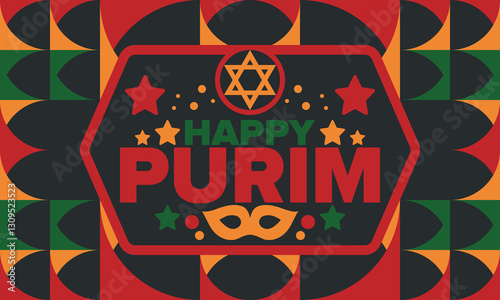 Purim. Happy Purim. Traditional Jewish religious holiday. Star of David, Carnival mask. Israel history. Сelebrated by a masquerade and festival. Poster art. Vector illustration