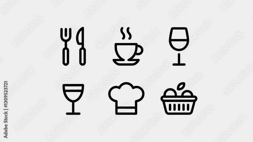 Restaurant Vector Icon Set: Food, Drink, Chef, and Cooking Symbols for Culinary Designs and Menu Graphics Restaurant Vector Icon Set: Food, Drink, Chef, and Cooking Symbols for Culinary Designs and Menu Graphics