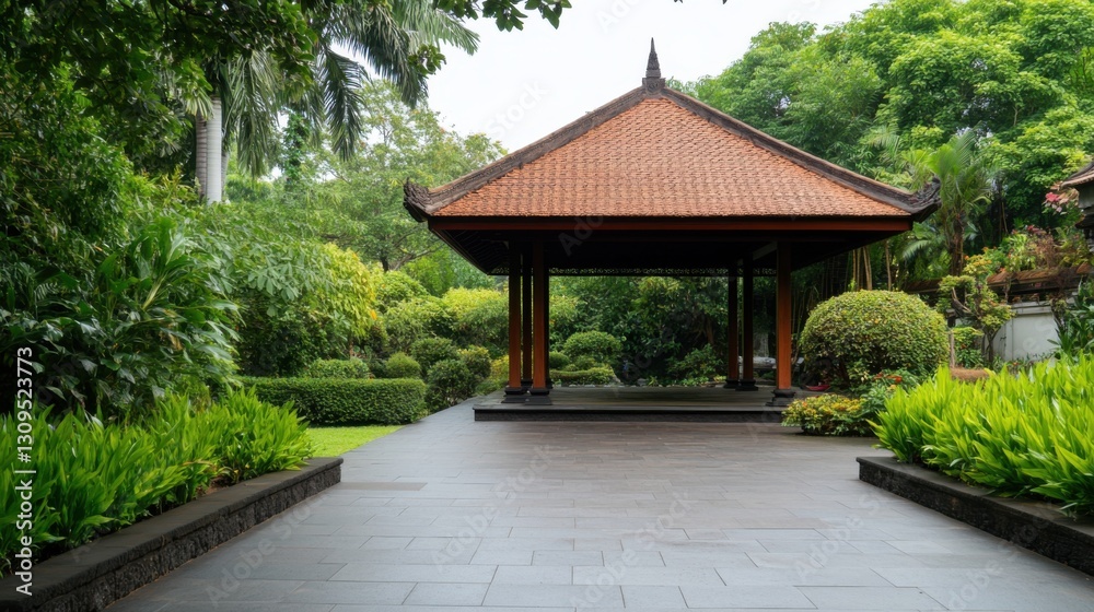 Serene Asian-style gazebo in lush tropical garden. Stone pathway leads to shaded structure. Lush greenery surrounds. Serene Asian-style gazebo in lush tropical garden. Stone pathway leads to shaded structure. Lush greenery surrounds.