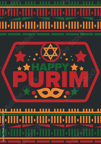 Purim. Happy Purim. Traditional Jewish religious holiday. Star of David, Carnival mask. Israel history. Сelebrated by a masquerade and festival. Poster art. Vector illustration