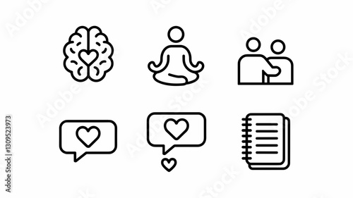 Vector Icon Set for Mental Health, Wellbeing, Communication, and Relationship Topics - Brain, Meditation, Love, Notes & Social Interaction Icons