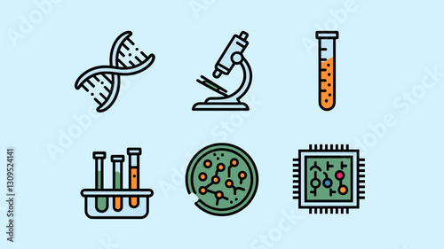 Vector Icon Set for Science and Technology: DNA, Microscope, Test Tubes, Laboratory Equipment, Medical and Research Illustrations