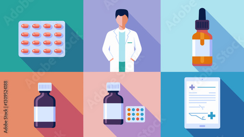 Medical Vector Icons Set Featuring Doctor, Prescription Drugs, Bottles, and Medical Documents for Healthcare and Pharmacy Graphics