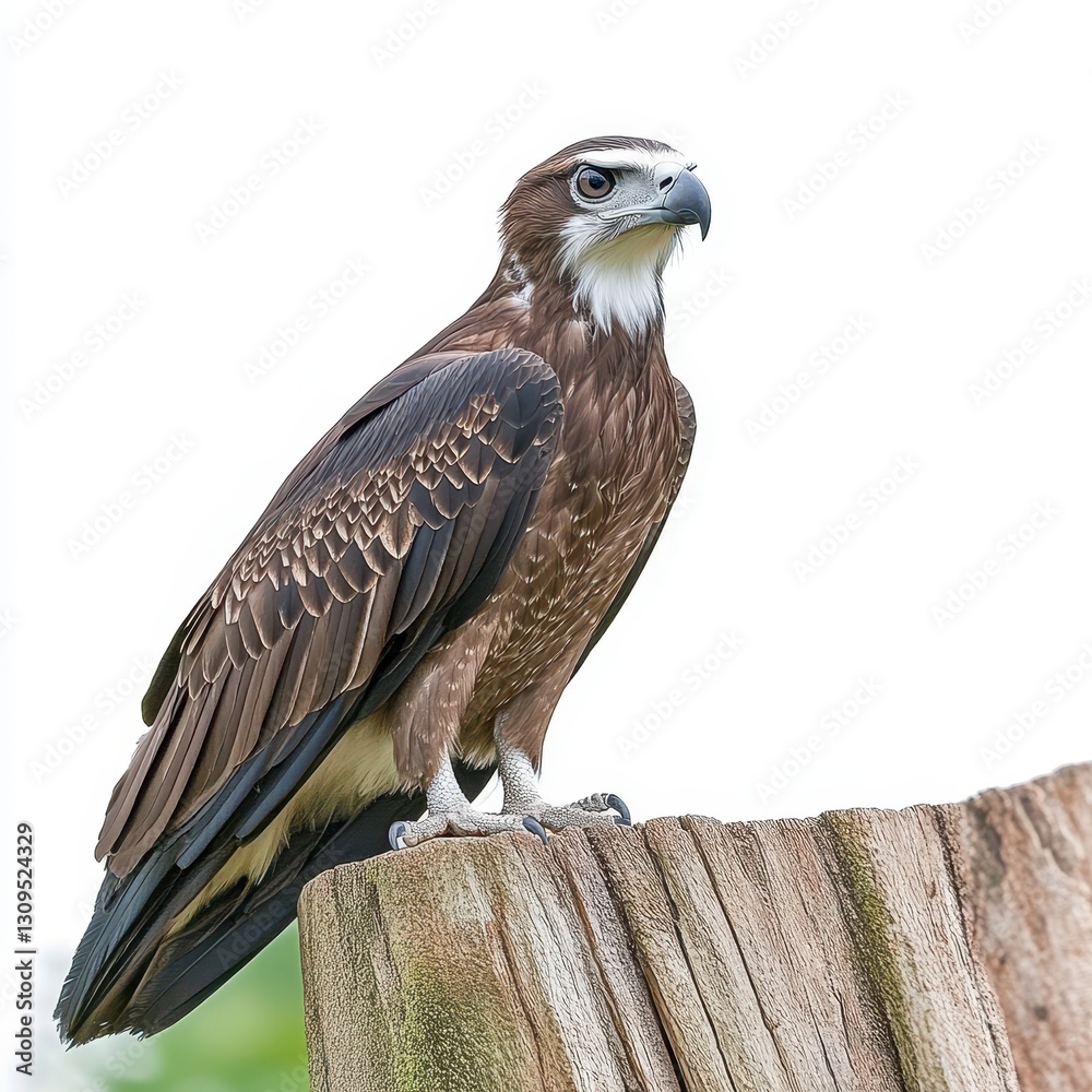 Fototapeta premium Brown and White Eagle Perched on Wooden Post Against White Background