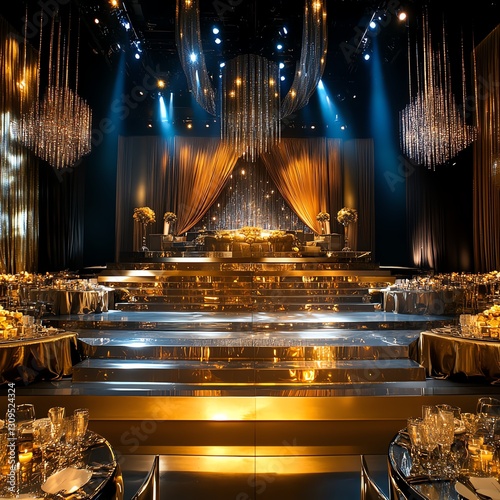 Elegant banquet hall setup with luxurious decor and sparkling chandeliers.