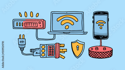 Vector Icon Set for Internet Connectivity, WiFi Network, Router, Security, Smartphone, and Computer - Digital Technology Illustrations