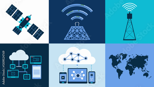 Vector Icon Set of Satellite, Wireless Communication, Cloud Networking, and Signal Towers for Technology, Telecommunications, and Internet Services