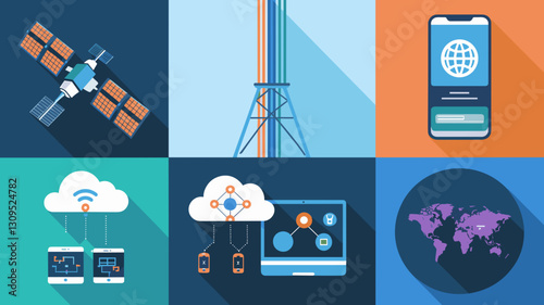 Vector Icon Set for Technology and Communication: Satellite, Cloud, Smartphone, and Global Connectivity Elements for Digital Design Projects