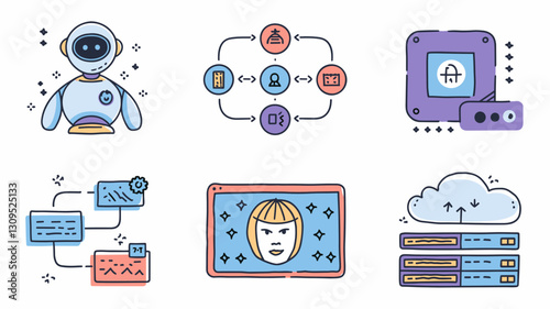 Vector Icon Set for AI, Cloud Computing, Data Security, User Interface, and Modern Technology Designs