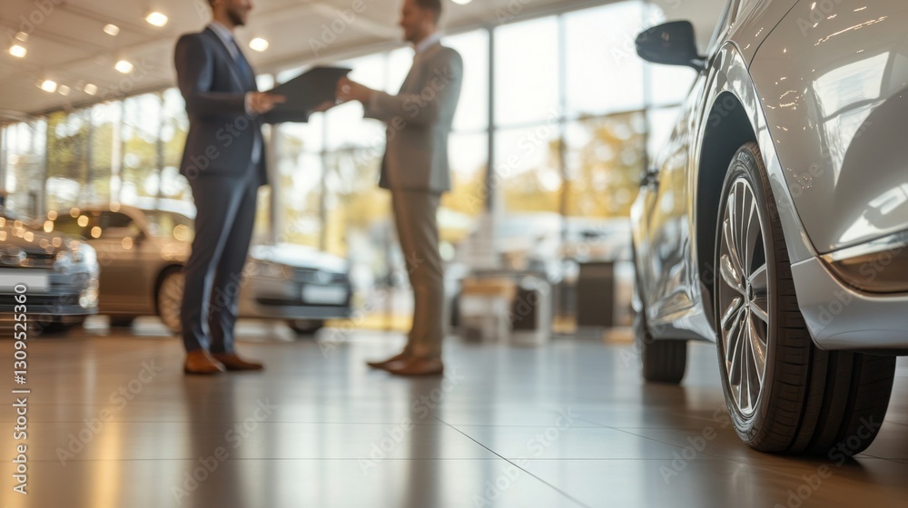 Fototapeta premium Negotiating a car purchase at a modern dealership with advanced technology