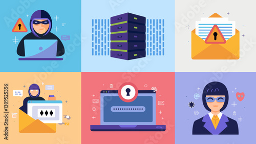 Cybersecurity Icon Set: Vector Graphics for Hacking, Data Protection, Phishing Attacks, and Secure Communications in Digital Environments