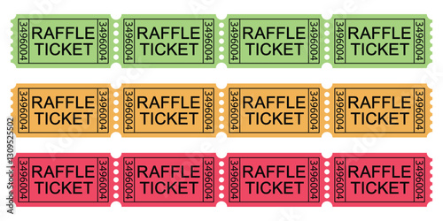 Set of chain raffle vector tickets. Tickets for cinema, movie, circus, carnival, film, festival, etc. Vector illustration.
