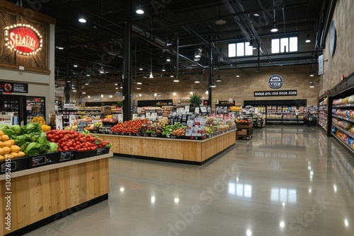 Fresh Produce Aisle in Modern Grocery Store with Bright Lighting