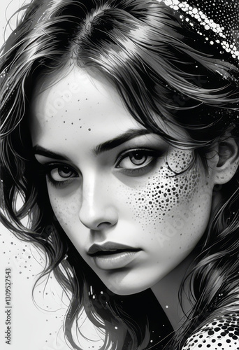 Black and White Portrait of a Mysterious Woman with Freckles and Wavy Hair

