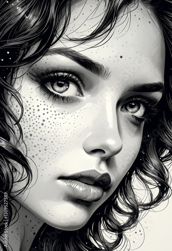 Black and White Portrait of a Mysterious Woman with Freckles and Wavy Hair

