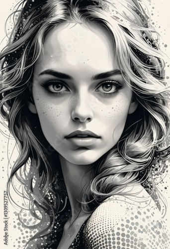 Black and White Portrait of a Mysterious Woman with Freckles and Wavy Hair

