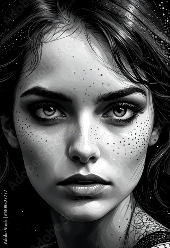 Black and White Portrait of a Mysterious Woman with Freckles and Wavy Hair

