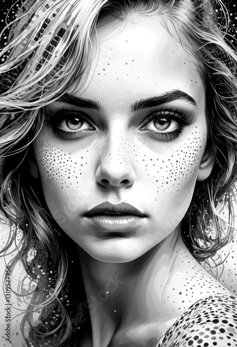 Black and White Portrait of a Mysterious Woman with Freckles and Wavy Hair

