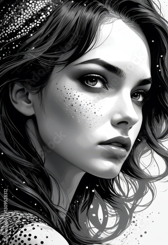 Black and White Portrait of a Mysterious Woman with Freckles and Wavy Hair

